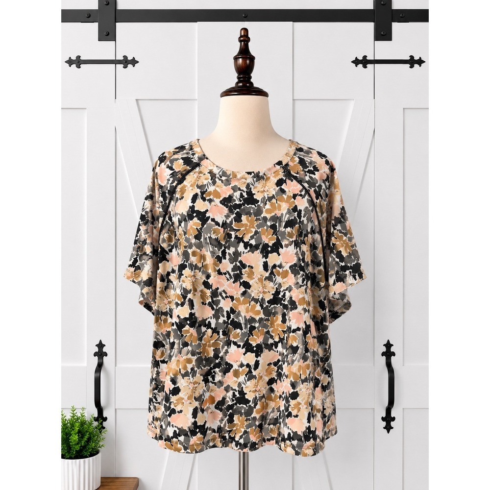 Isaac Mizrahi Live‎ Printed Top Flutter Sleeves 3X Tan Floral Lace Trim A397172